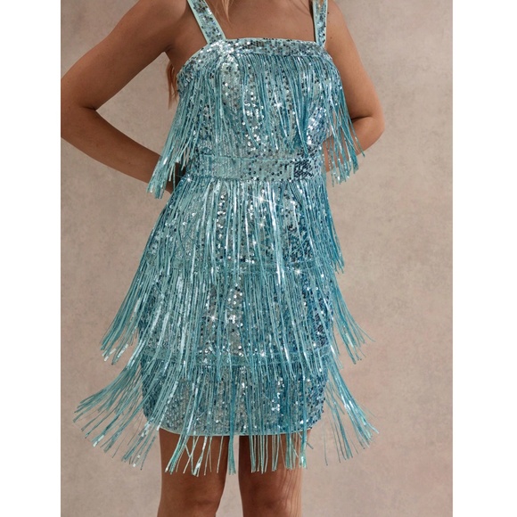 Blue Sequins Party Dress Sequin Fringe, Tassels - Picture 5 of 7